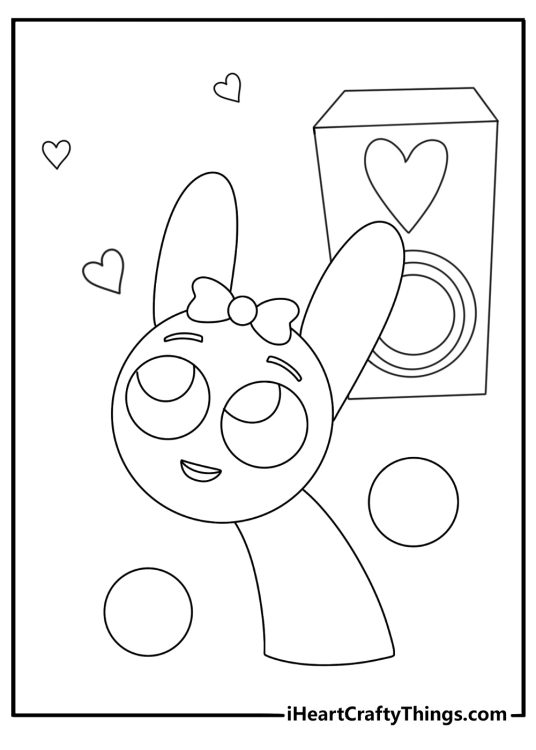 Printable Sprunki coloring page with Pinki beside a heart speaker