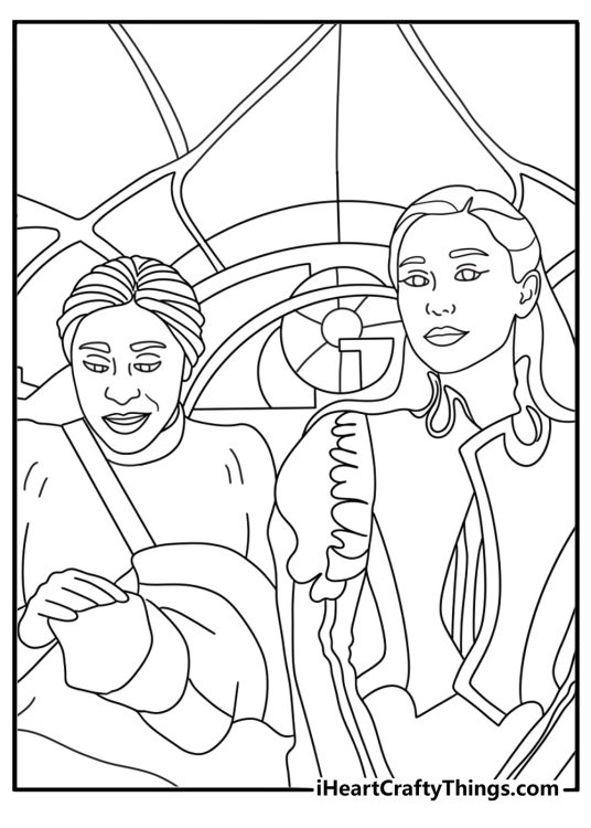 Printable Wicked movie scene featuring Elphaba and Glinda riding the Emerald City train