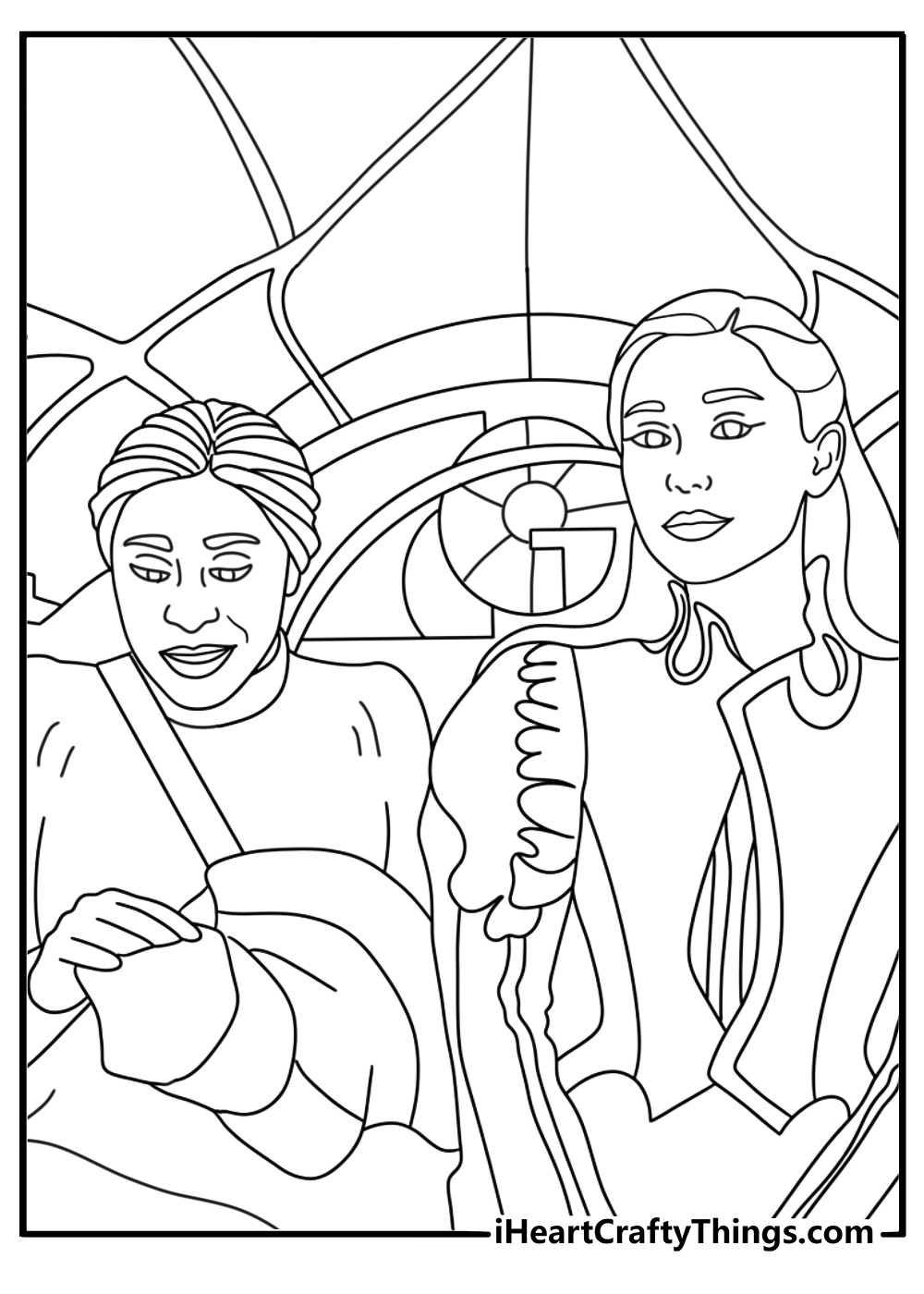 Printable Wicked movie scene featuring Elphaba and Glinda riding the Emerald City train