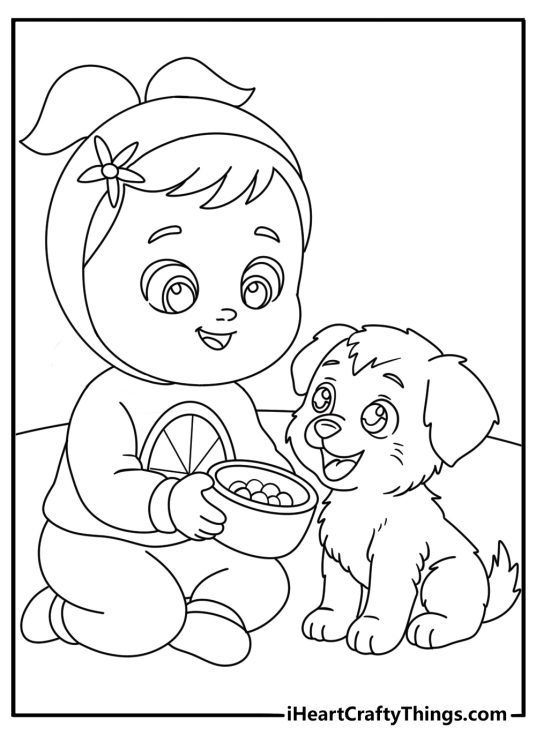 Printable character coloring page showing a baby feeding a little puppy