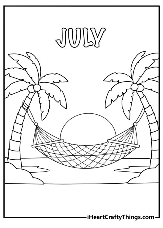 Printable coloring page of a hammock tied between two palm trees