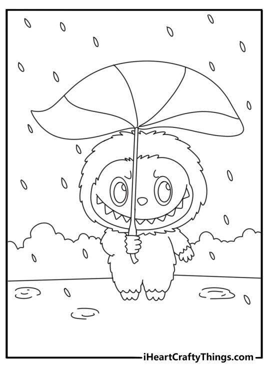 Rainy day image of Labubu under a leaf umbrella easy coloring printable