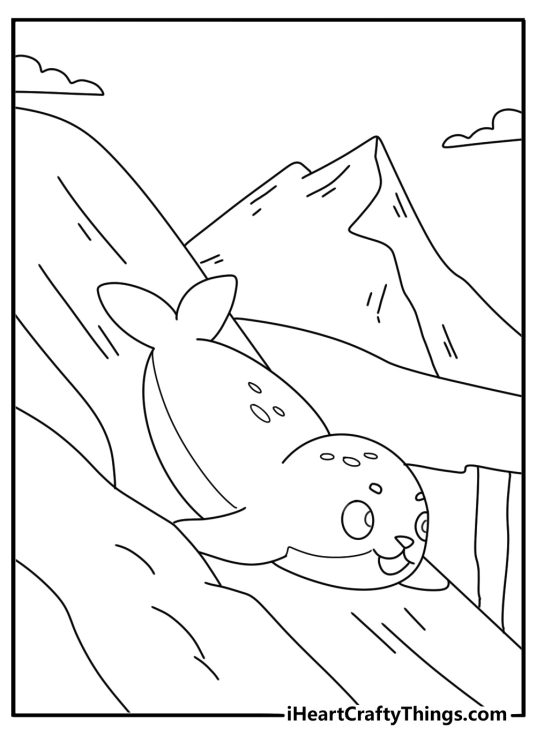 Seal sliding into icy water cute coloring sheet for kids