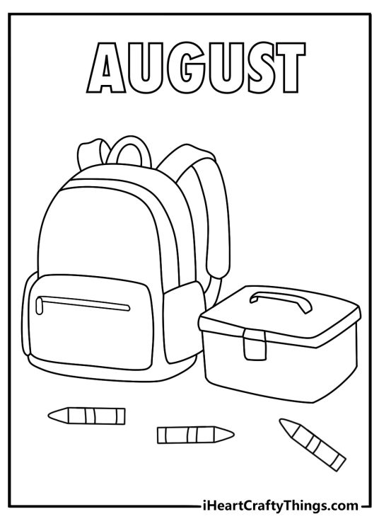Simple August coloring page with a backpack lunch box and crayons