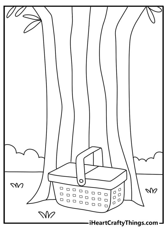 Simple July coloring sheet with a picnic basket under a big tree