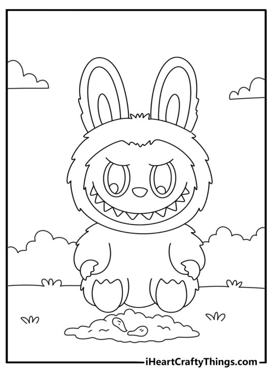 Small Labubu planting seeds in soil garden coloring sheet
