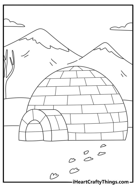 Snowy landscape with igloo and arctic animal tracks easy coloring page