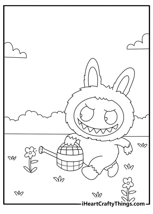 Spring garden scene with Labubu watering flowers cute coloring printable