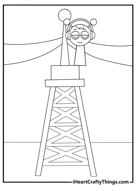 Sprunki climbing a digital tower with energy lines coloring sheet