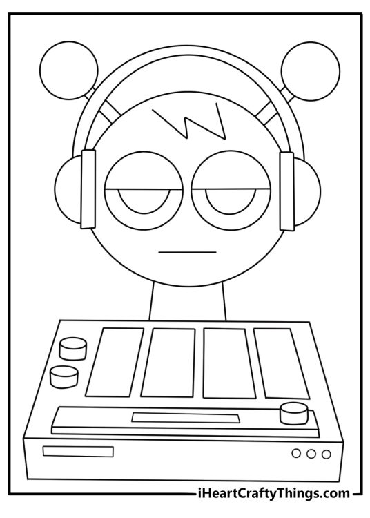 Sprunki coloring page showing Oren beside a beat mixer