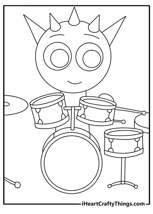 Sprunki coloring pages scene featuring Raddy beside drum pads