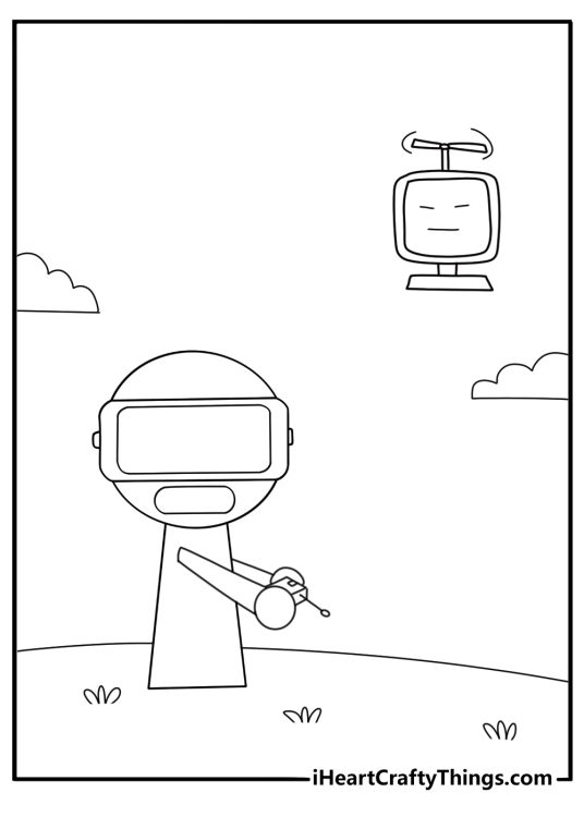 Sprunki controlling robotic drones in the air coloring page
