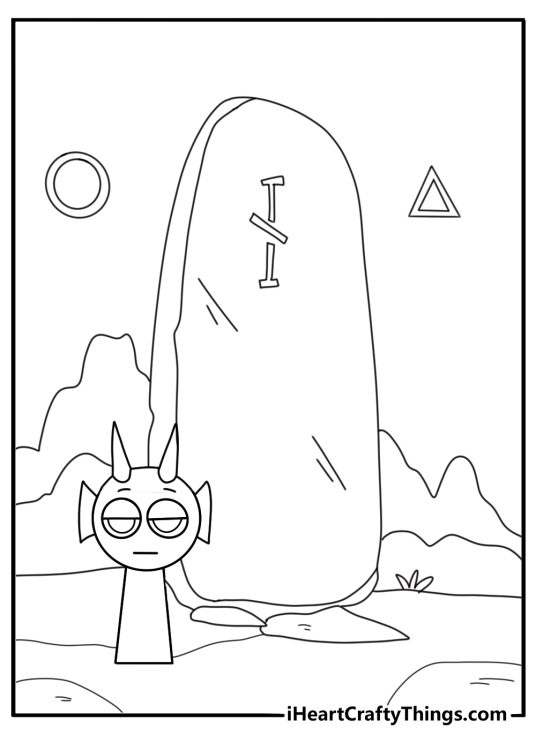 Sprunki exploring ruins with glowing symbols coloring page