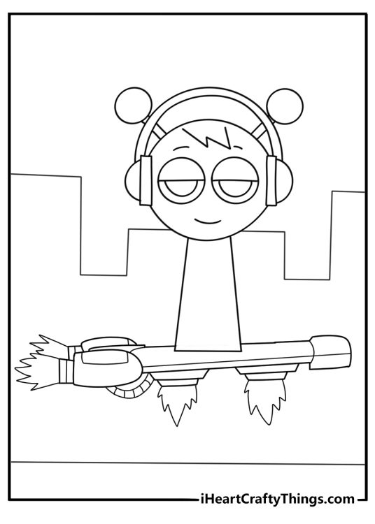 Sprunki riding a futuristic hoverboard over neon ground coloring page