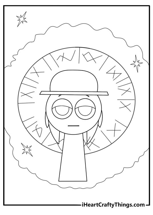 Sprunki standing before a massive energy core coloring sheet