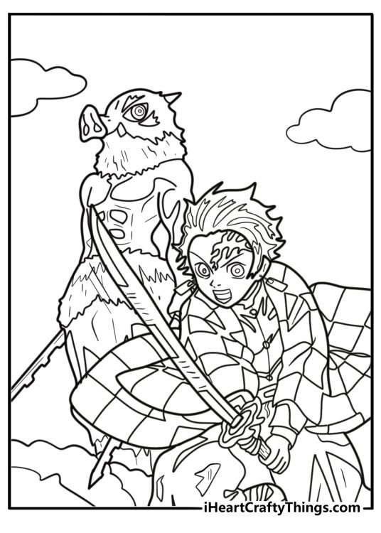 Tanjiro and Inosuke preparing for battle free coloring page