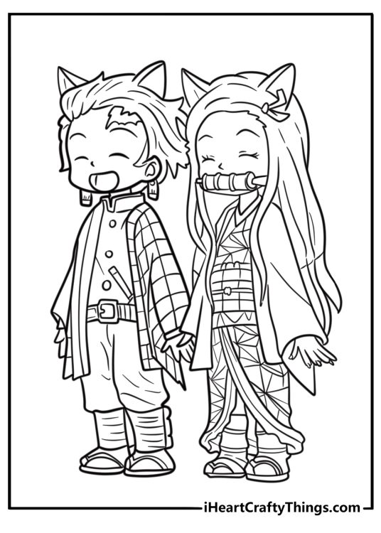 Tanjiro and Nezuko standing together detailed coloring sheet