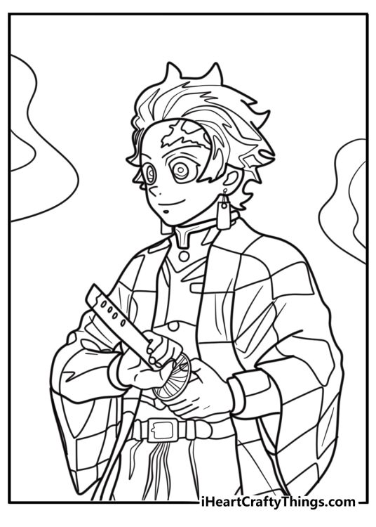 Tanjiro gripping his sword tightly printable coloring page
