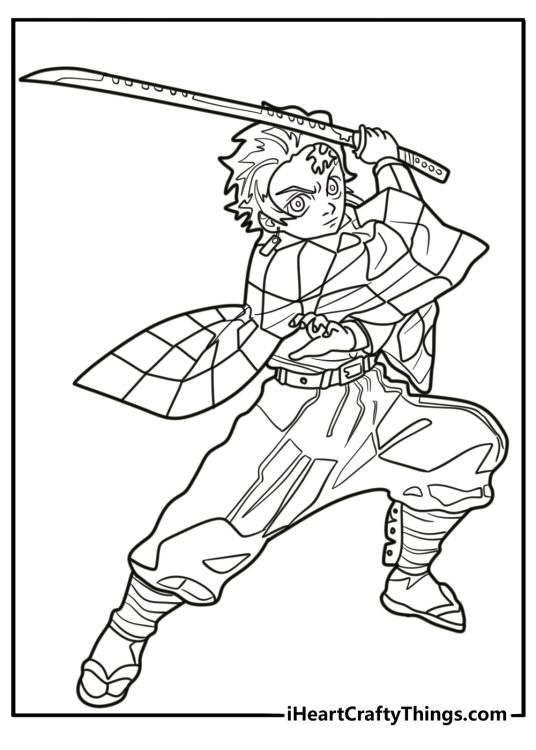 Tanjiro in battle stance fun printable coloring sheet