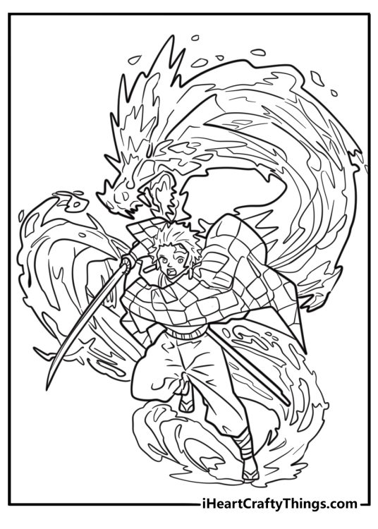 Tanjiro performing a Water Breathing technique free coloring page pdf