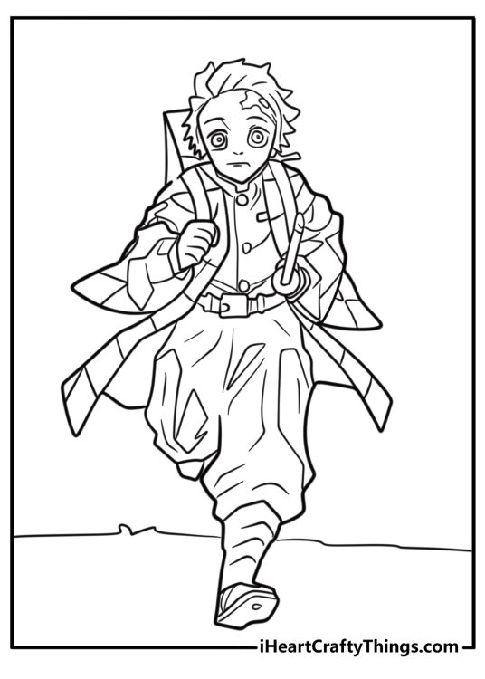 Tanjiro running forward with determination free coloring page