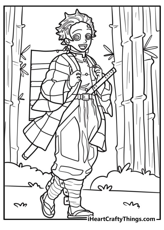 Tanjiro standing in a bamboo forest detailed coloring sheet