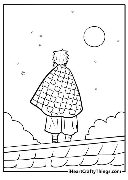 Tanjiro standing on a rooftop looking at the moon detailed coloring sheet