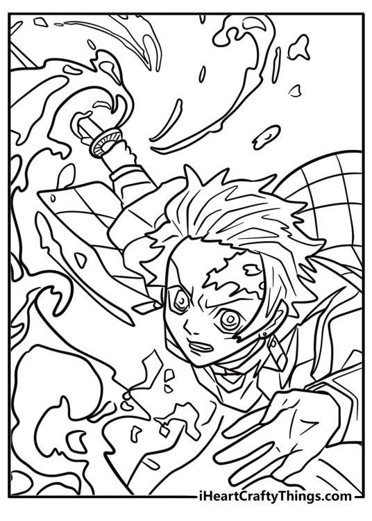 Tanjiro using Hinokami Kagura detailed coloring sheet