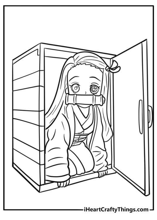 Tanjiro with Nezuko inside her wooden box printable coloring page