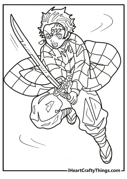 Tanjiro with his black Nichirin sword free coloring page pdf