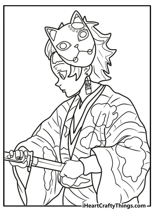 Tanjiro with his fox mask from Final Selection printable coloring page