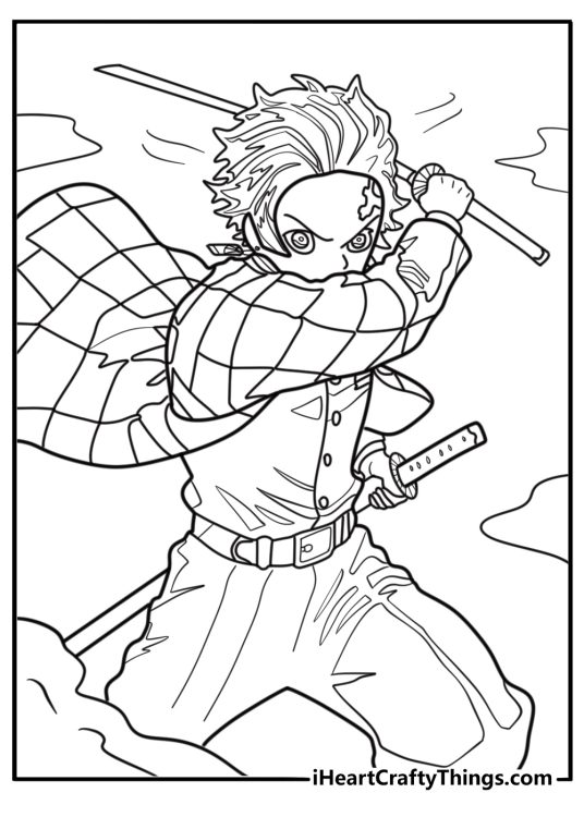 Tanjiro with wind blowing through his hair fun coloring sheet