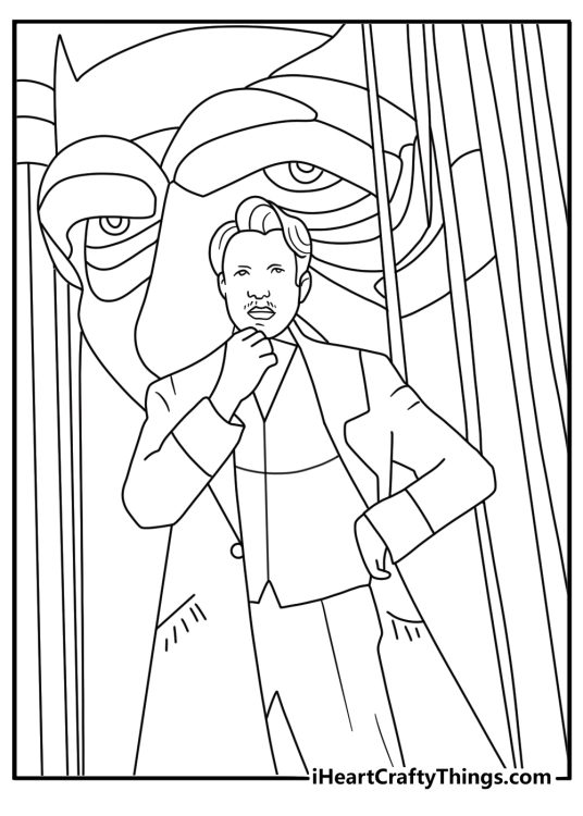 The Wizard stands beside a large mechanical head in this detailed coloring page