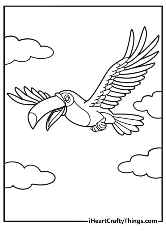 Toucan flying in the jungle free coloring page pdf