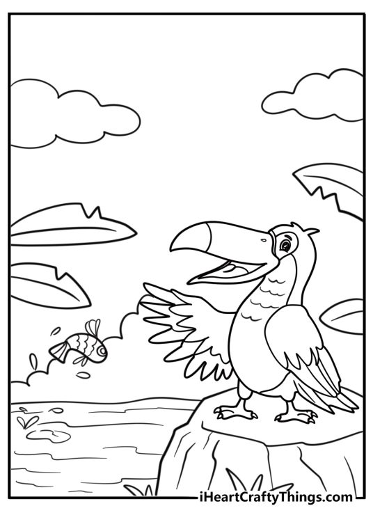 Toucan near a river with fish jumping free coloring page pdf