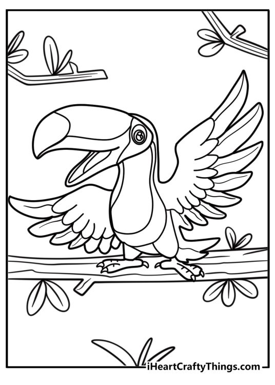 Toucan sitting on a tree branch coloring page