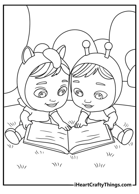 Two Cry Babies share a storybook on a soft rug in this free coloring page