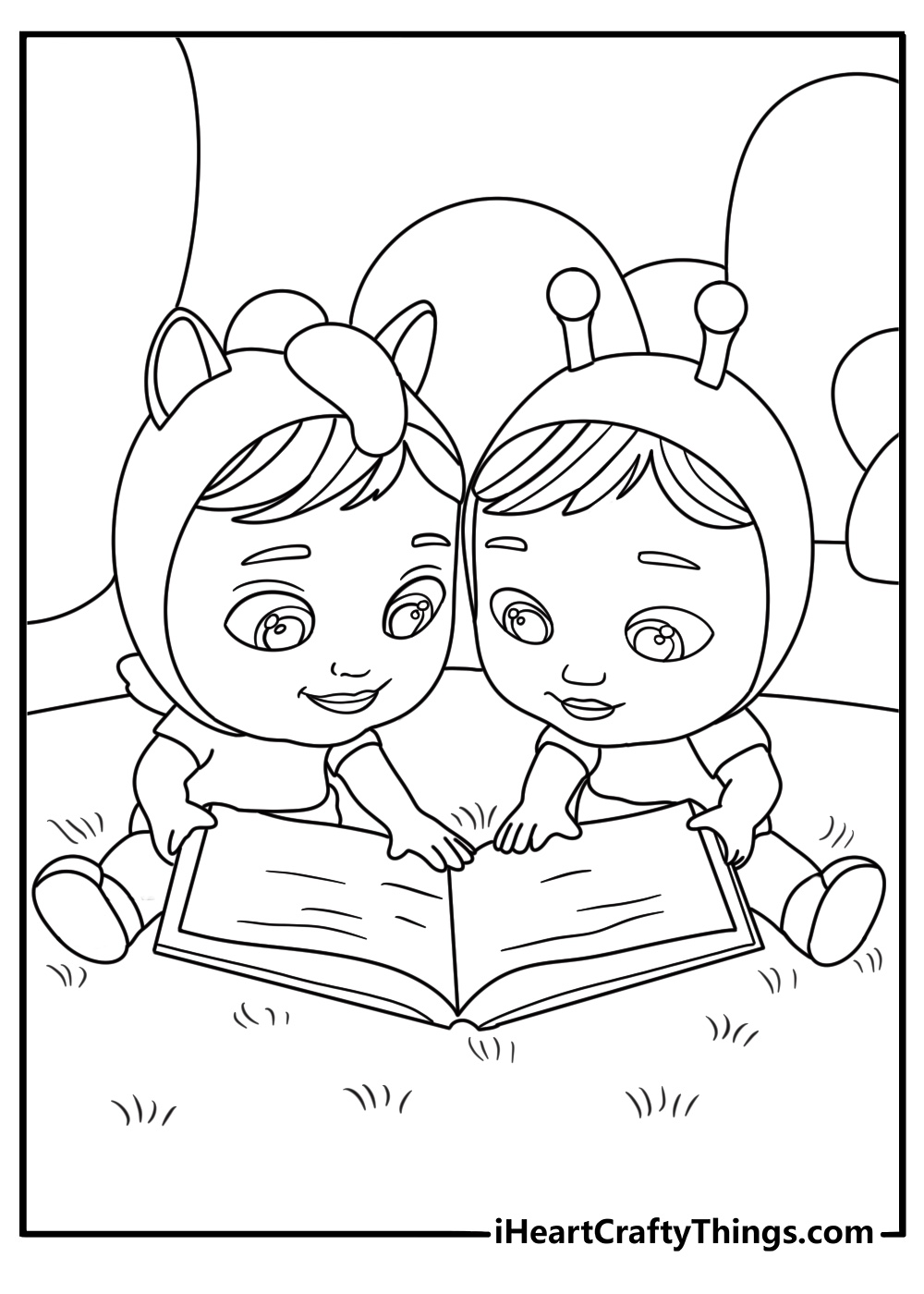 Two Cry Babies share a storybook on a soft rug in this free coloring page