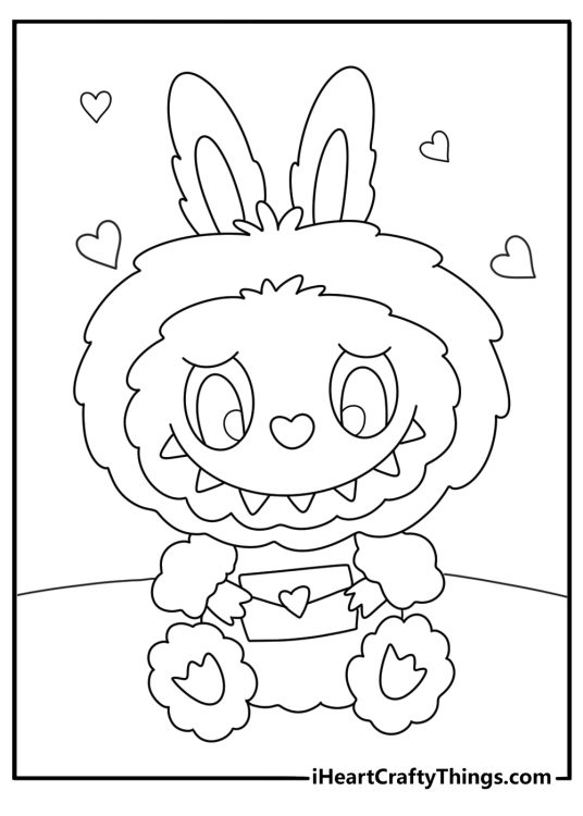 Valentines theme with Labubu and heart shaped letters coloring page