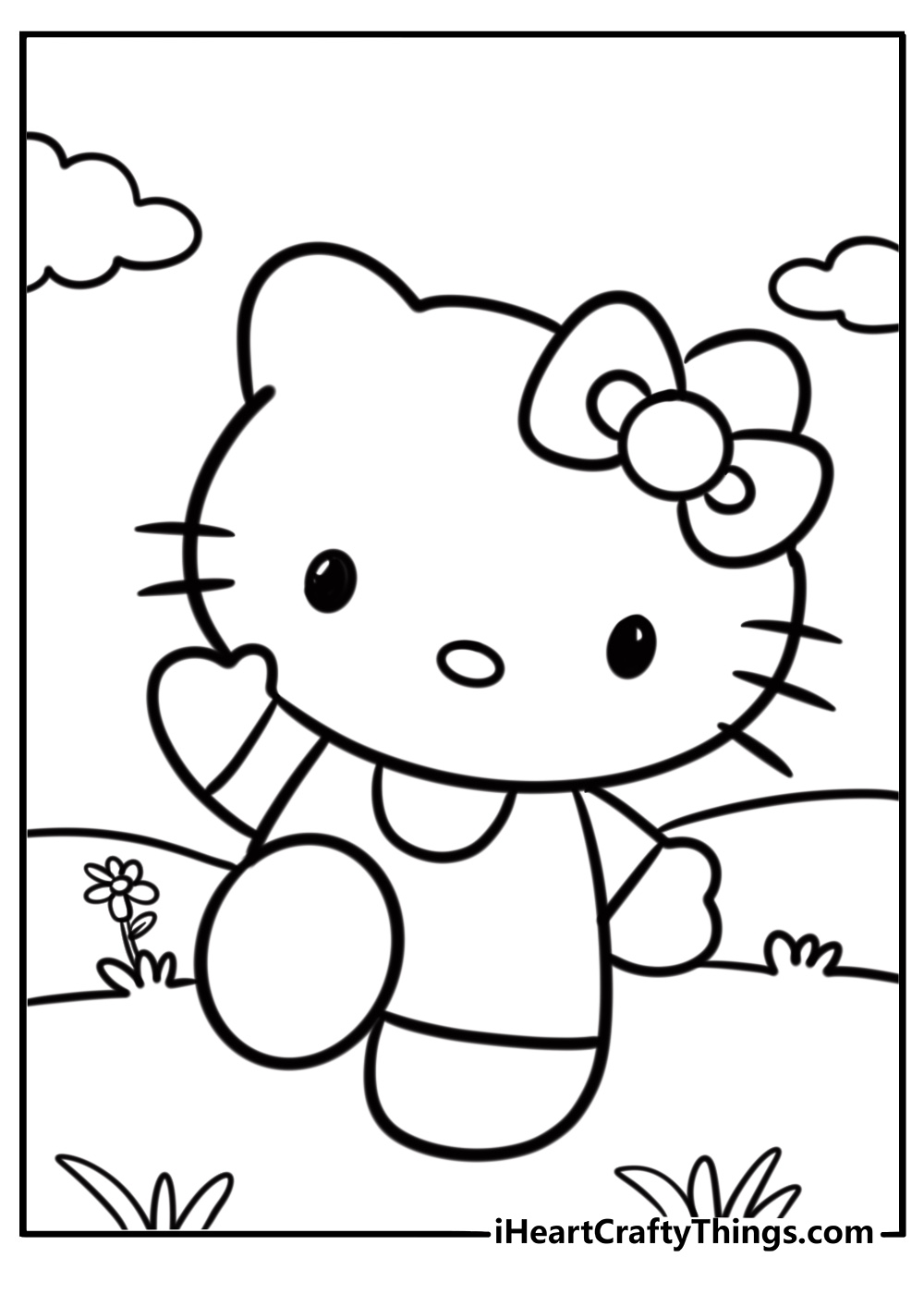 Waving Hello Kitty with a bow simple kawaii coloring page pdf