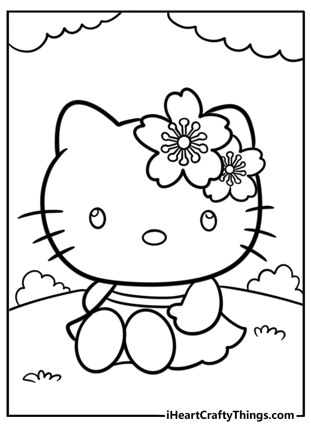 Waving Hello Kitty with a flower headband printable coloring sheet