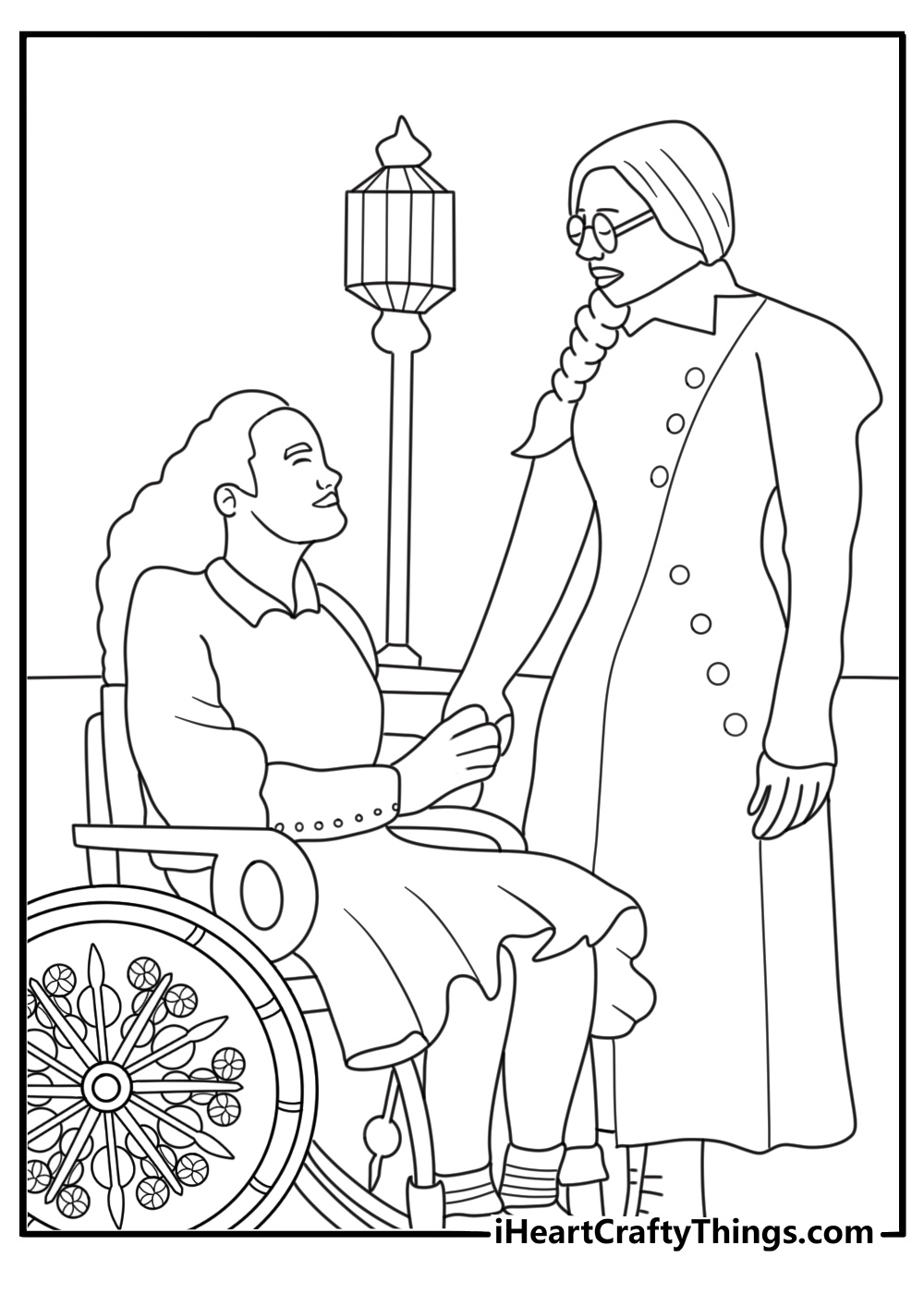 Wicked coloring page showing Elphaba arriving at Shiz University with Nessarose
