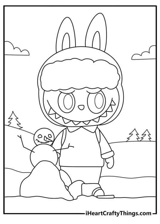 Winter scene with Labubu building a small snow figure printable coloring sheet