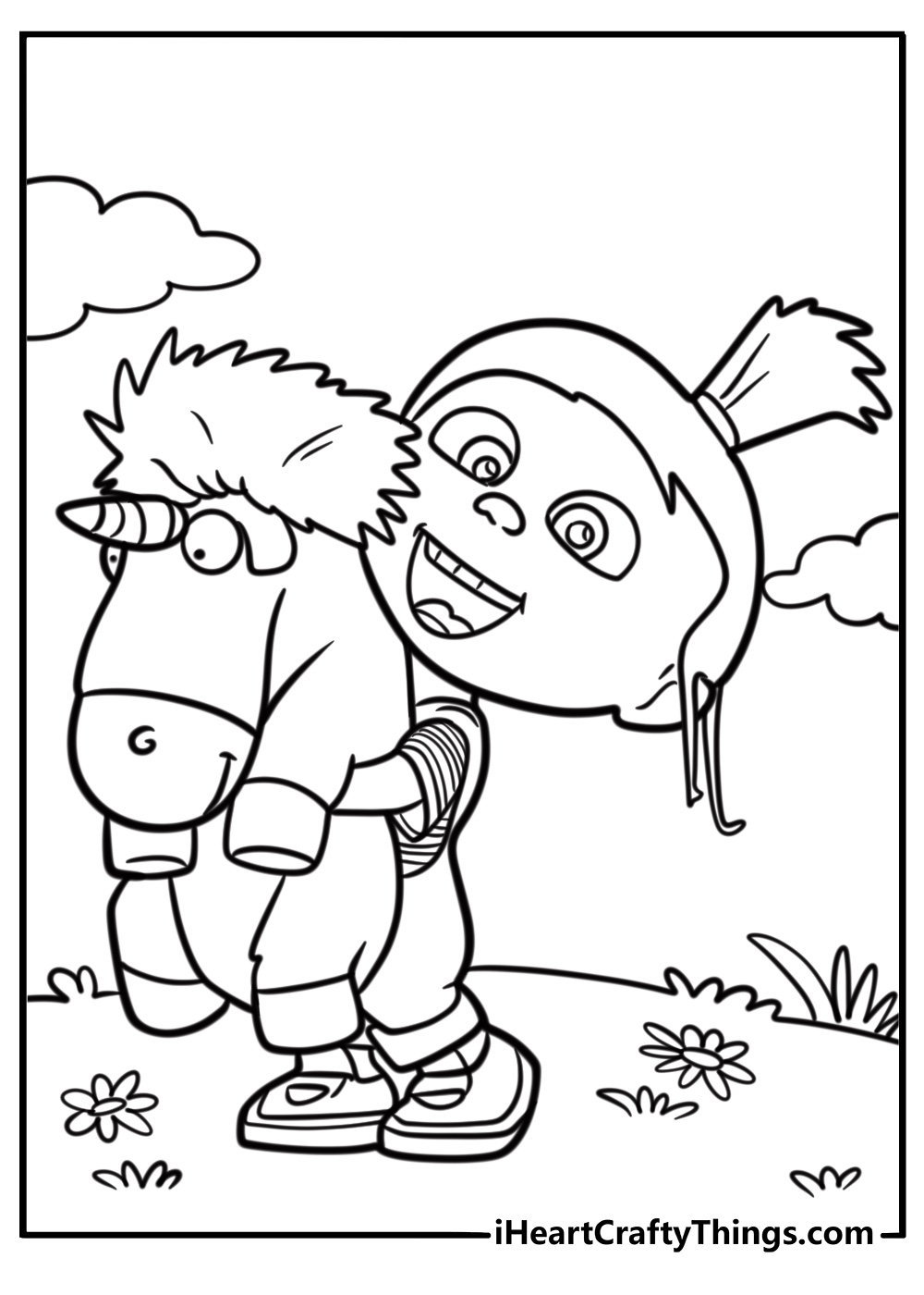 Agnes hugging her unicorn coloring page