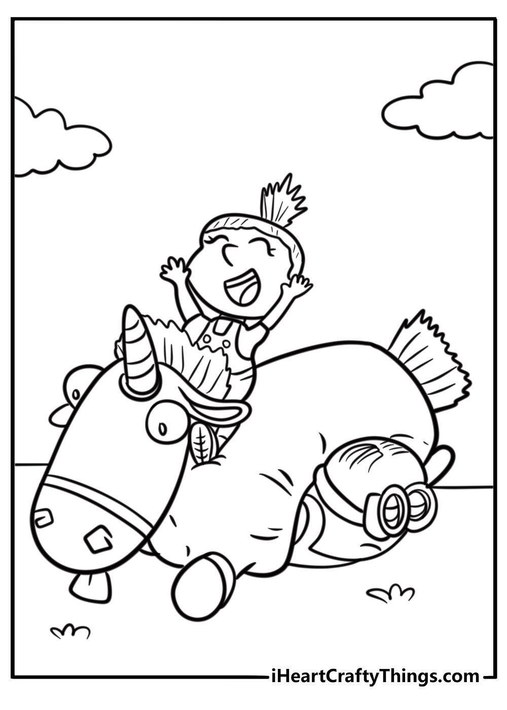 Agnes riding a fluffy unicorn coloring page