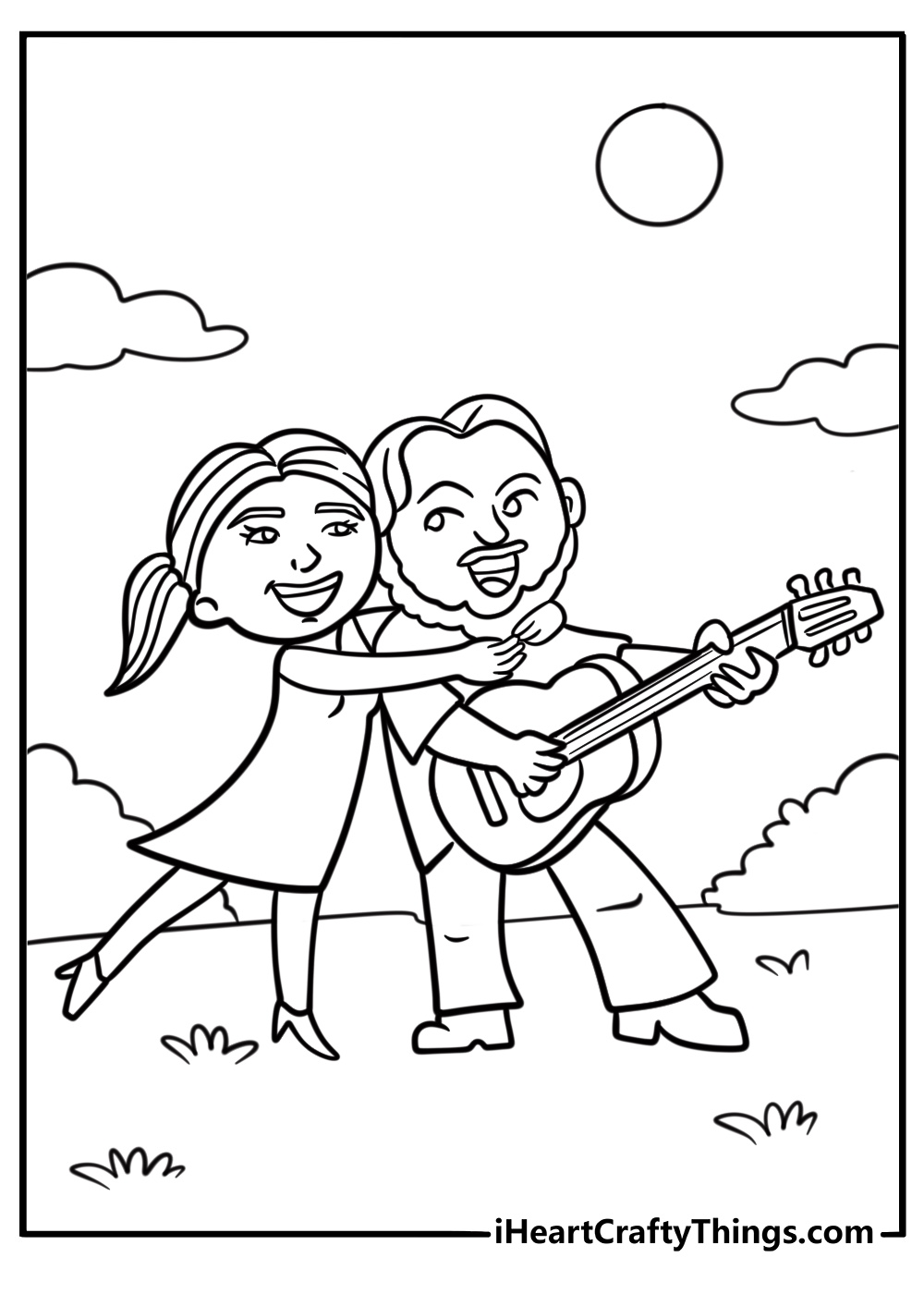 Artistic couple playing guitar and singing detailed coloring page