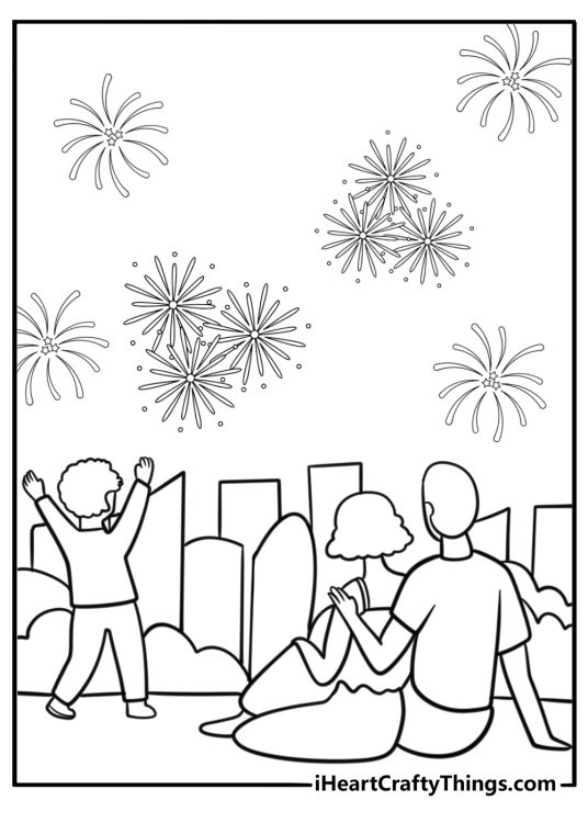 Backyard with fireworks and family watching coloring page