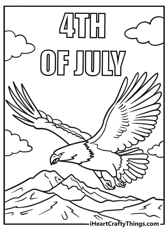 Bald eagle flying over mountains for the Fourth of July coloring page