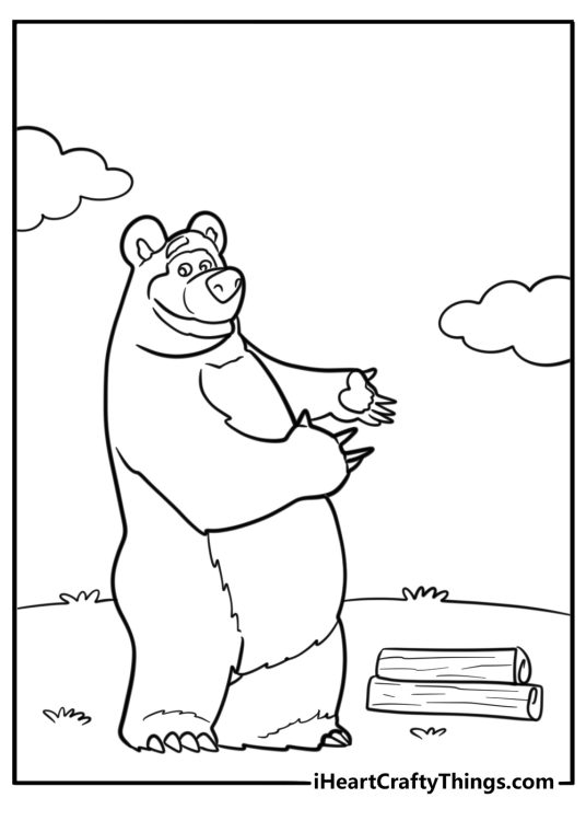 Bear carrying firewood near his home coloring sheet