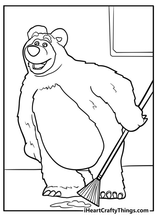 Bear cleaning his house with a broom coloring sheet